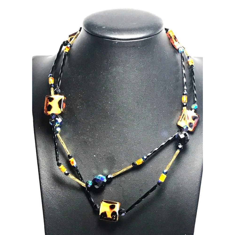 Long Handmade Cheetah Leopard Art Glass and AB Faceted Glass Bead Necklace